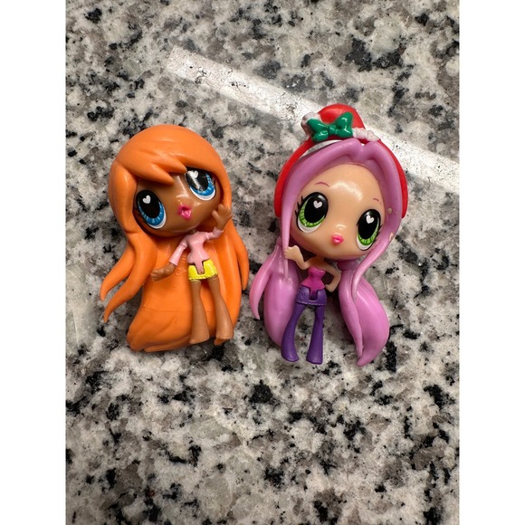 Other - 2 Mini Dolls Kawaii Style Big Eyes Orange Pink Purple Outfit Hair‎ Accessories